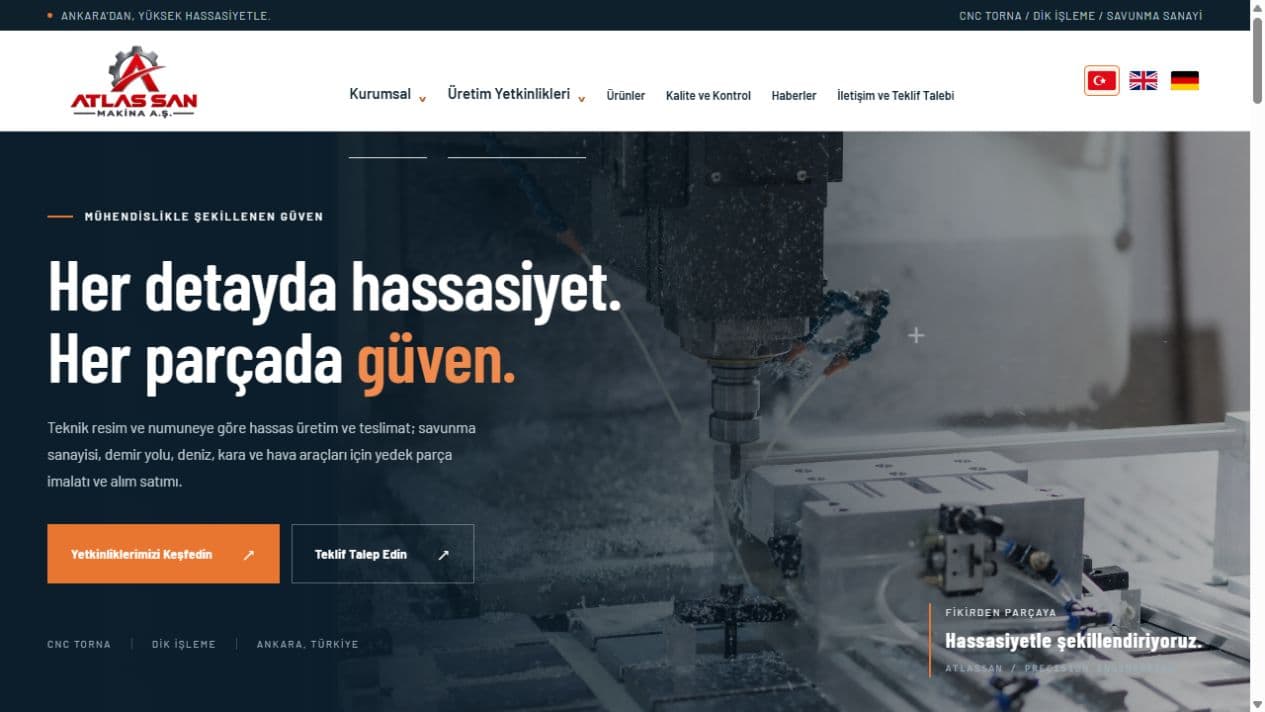 Atlassan Makina için geliştirilen web sitesi